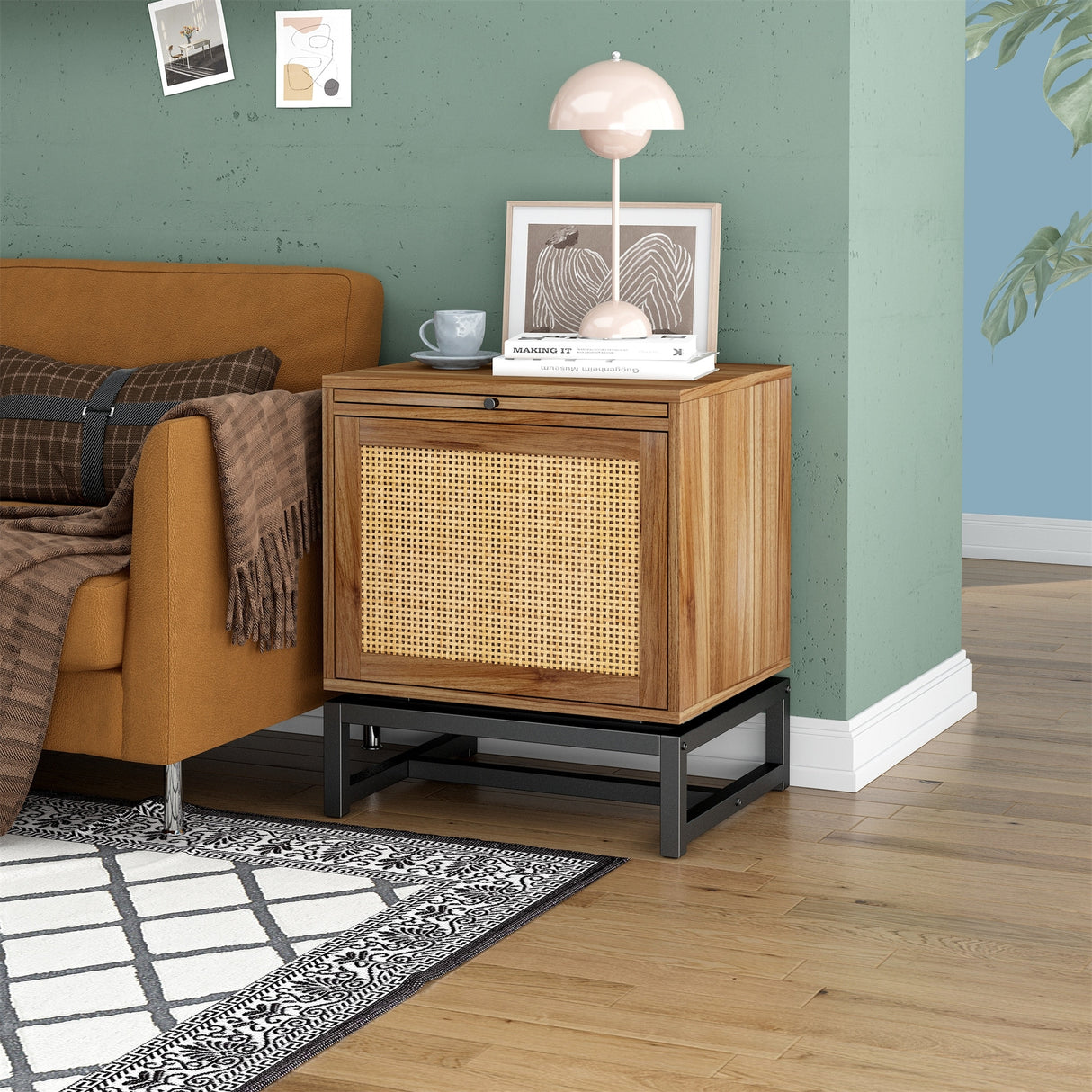 Nightstand, Side Table W/ Natural Rattan Door & Adjustable Pull Plate