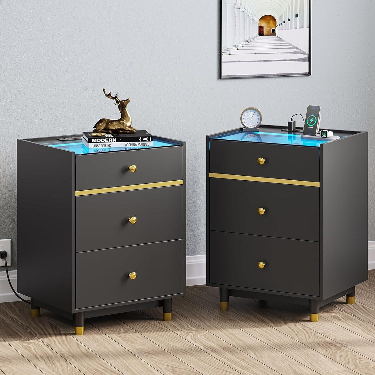 Nightstands Set of 2 3 Drawer Charging Station & LED Lights