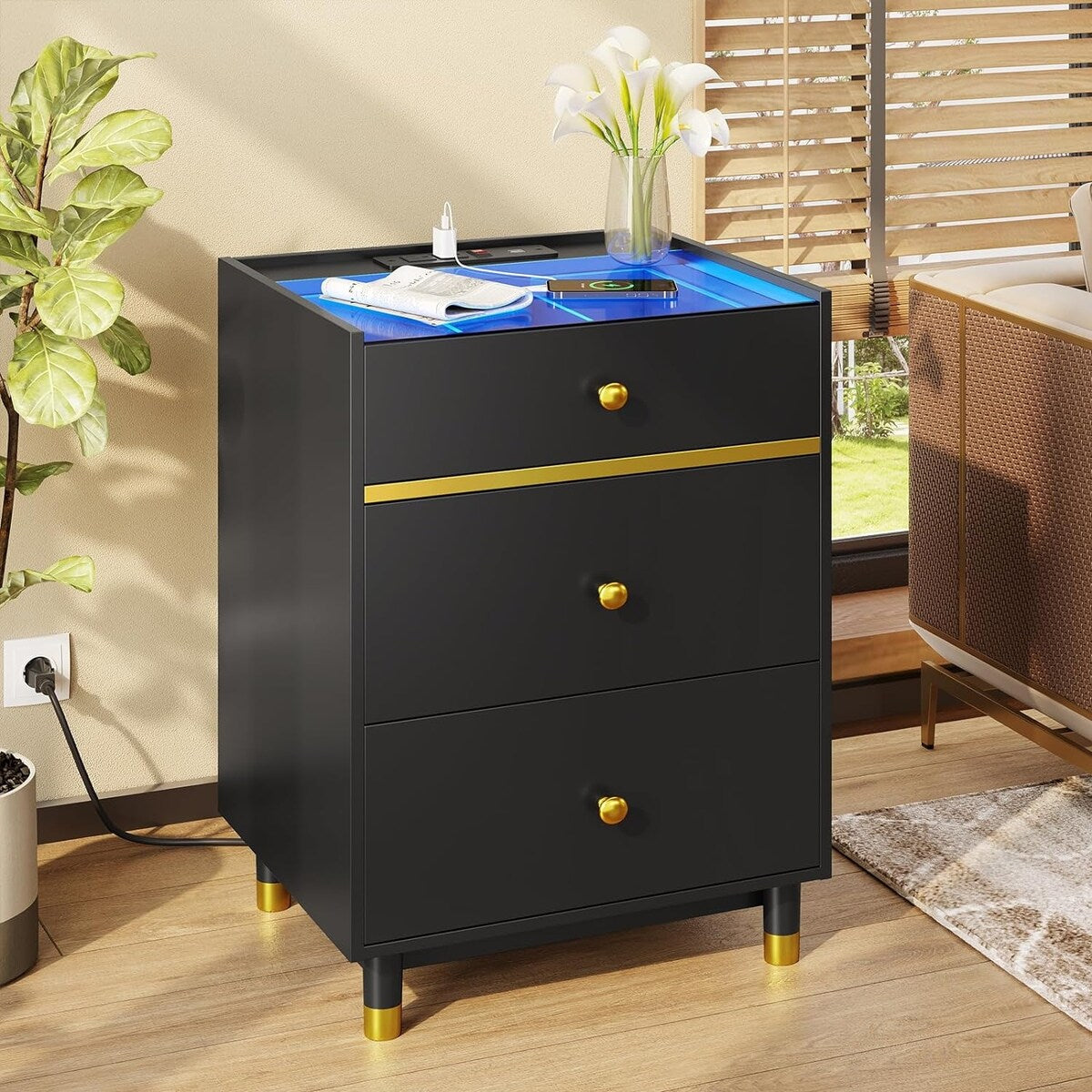Nightstands Set of 2 3 Drawer Charging Station & LED Lights