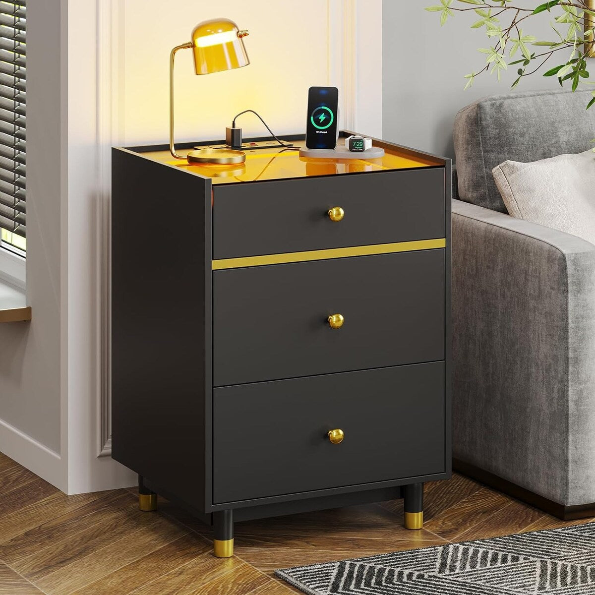 Nightstands Set of 2 3 Drawer Charging Station & LED Lights