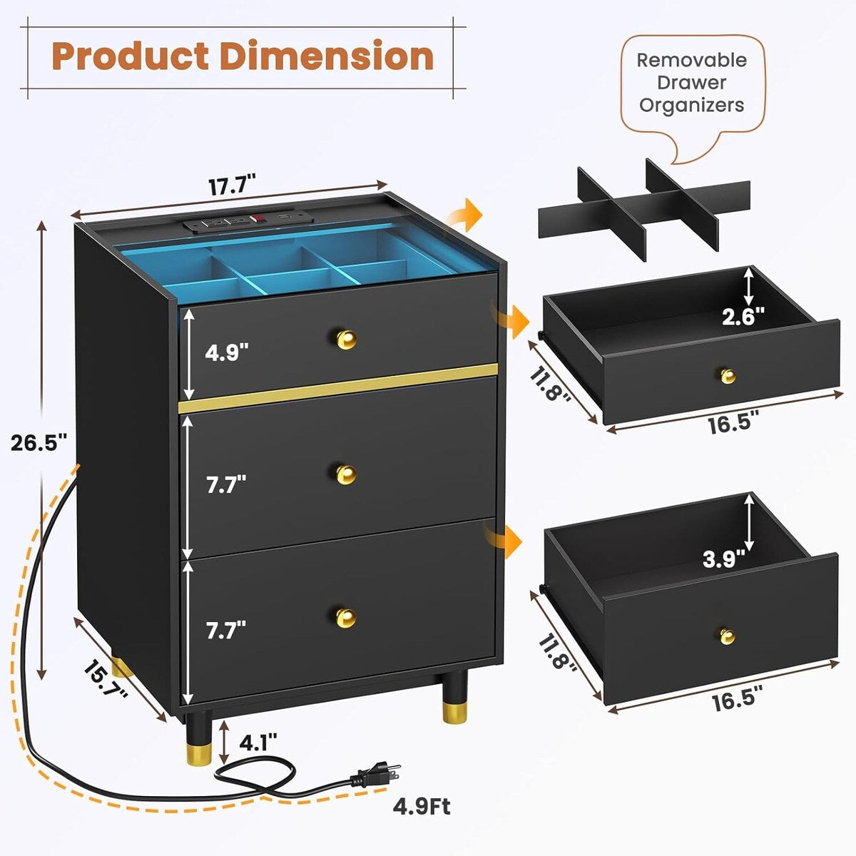 Nightstands Set of 2 3 Drawer Charging Station & LED Lights