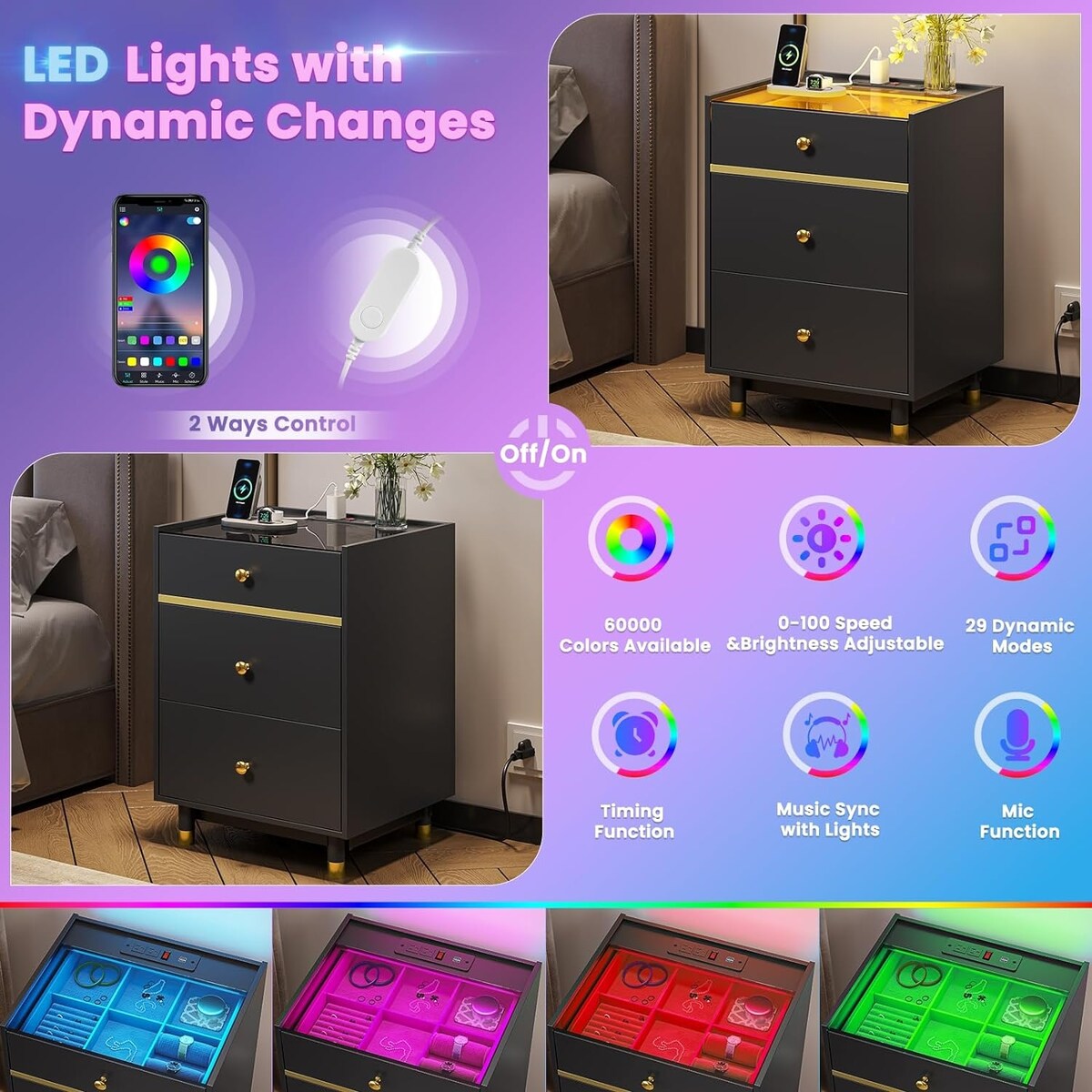 Nightstands Set of 2 3 Drawer Charging Station & LED Lights