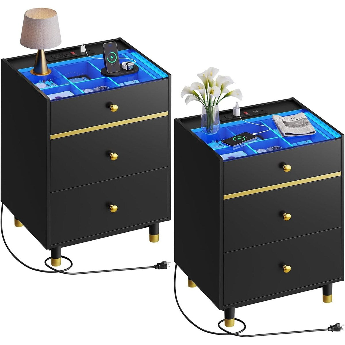 Nightstands Set of 2 3 Drawer Charging Station & LED Lights
