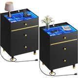 Nightstands Set of 2 3 Drawer Charging Station & LED Lights