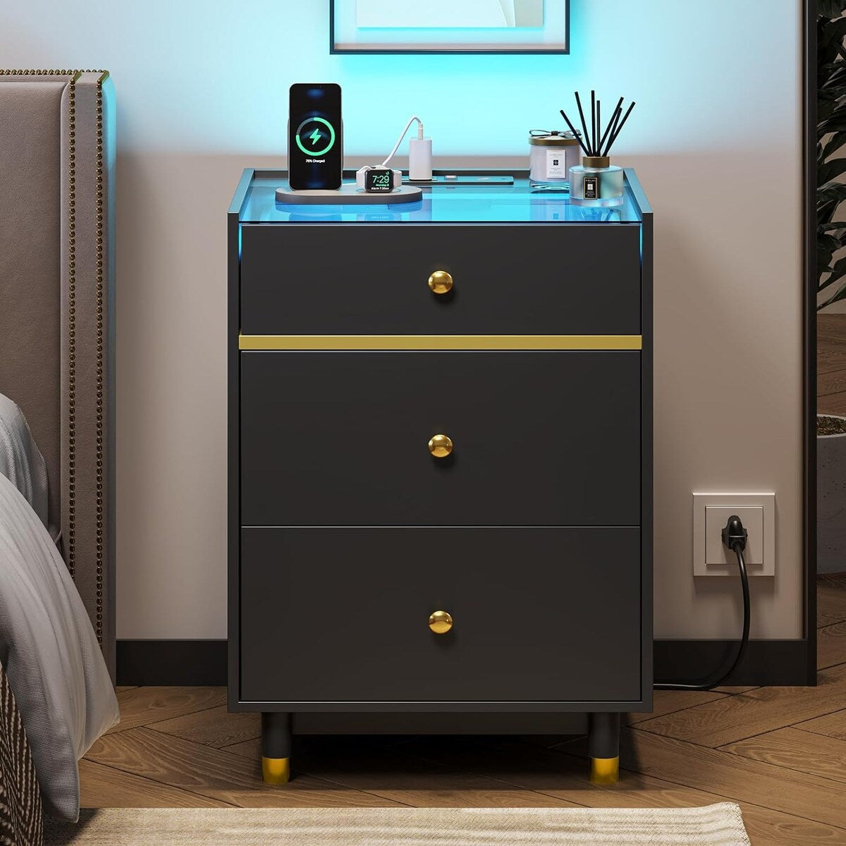 Nightstands Set of 2 3 Drawer Charging Station & LED Lights