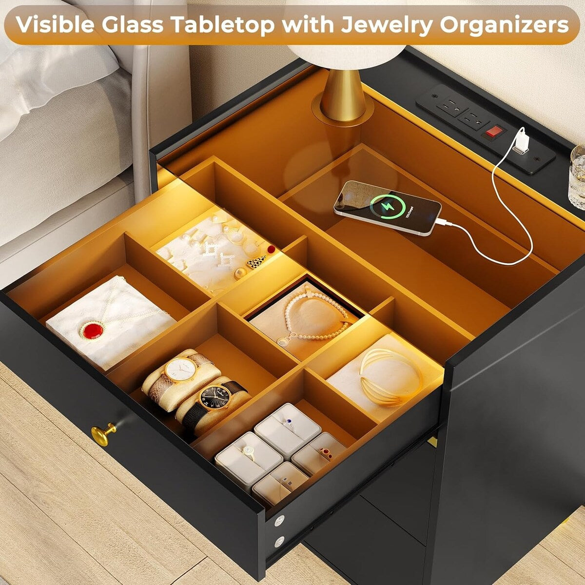 Nightstands Set of 2 3 Drawer Charging Station & LED Lights