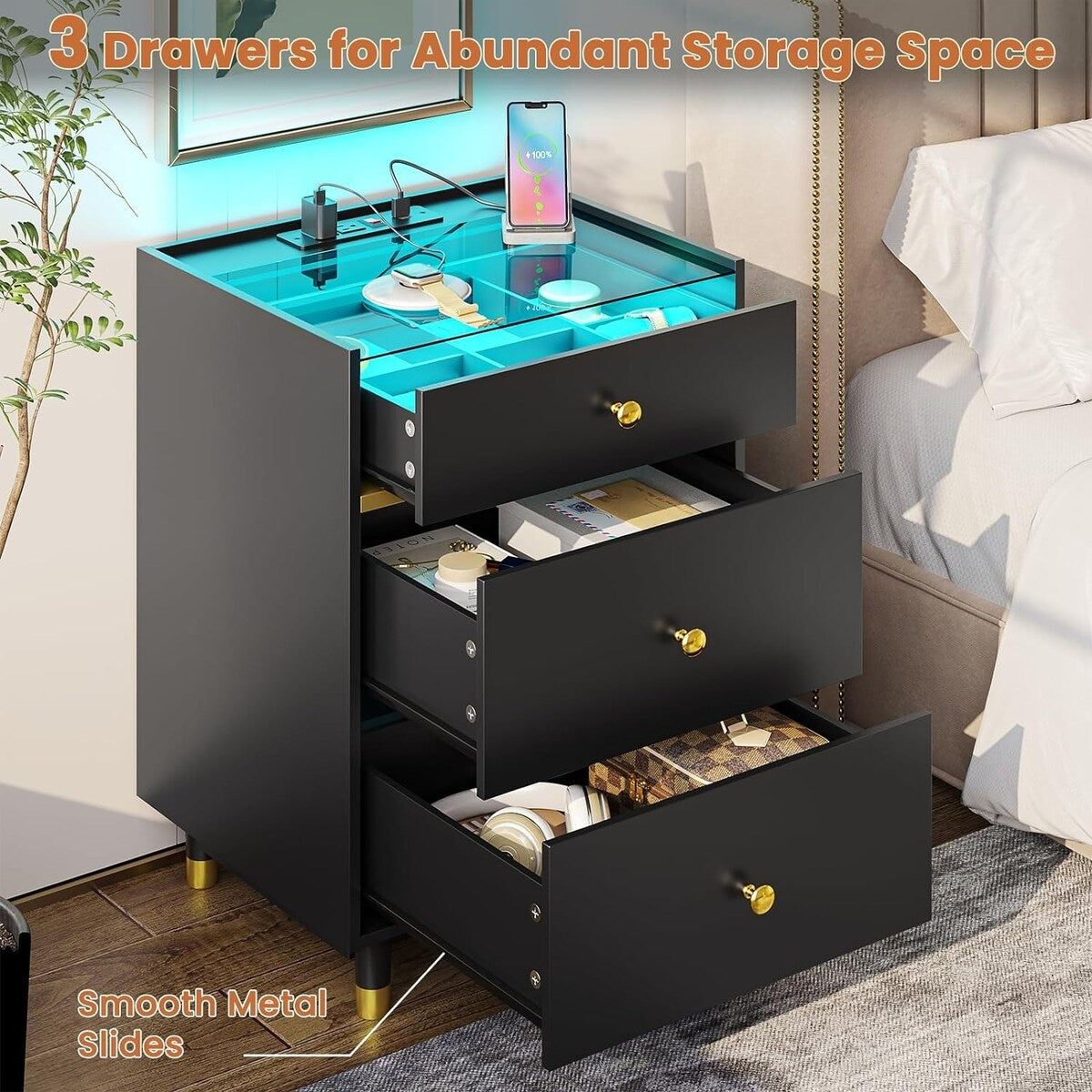 Nightstands Set of 2 3 Drawer Charging Station & LED Lights