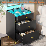 Nightstands Set of 2 3 Drawer Charging Station & LED Lights