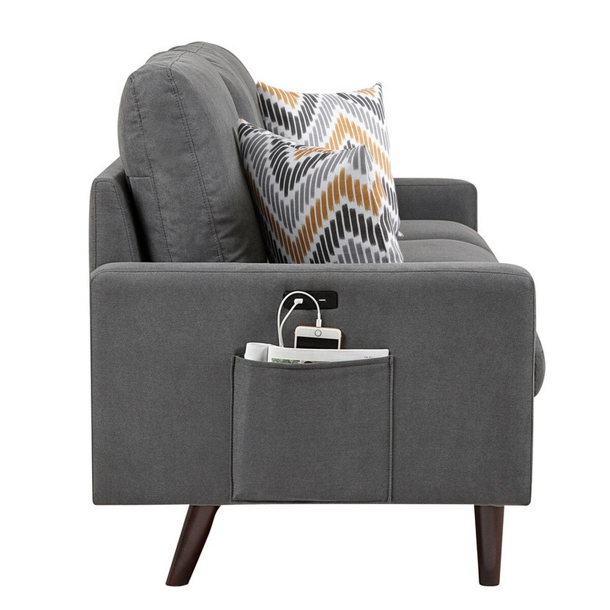 Niu 71 Inch Sofa, 2 Throw Pillows, Cushioned Seats and 2 USB Ports, Gray