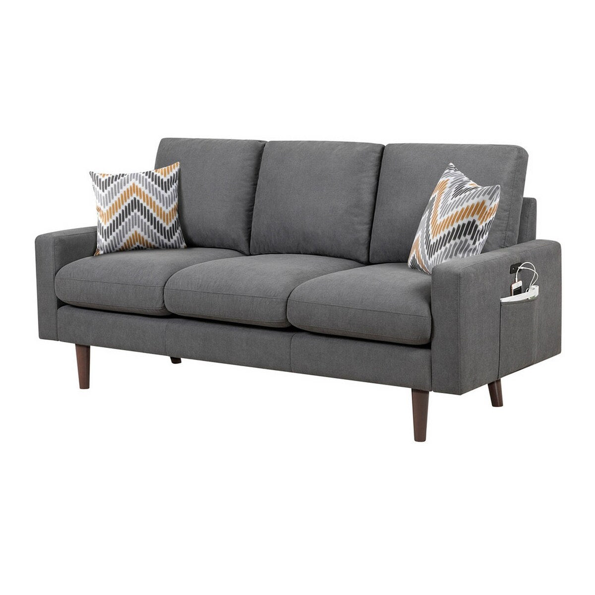 Niu 71 Inch Sofa, 2 Throw Pillows, Cushioned Seats and 2 USB Ports, Gray
