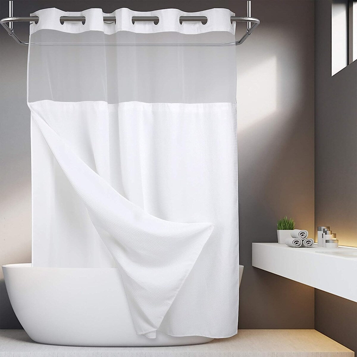 No Hooks Required Waffle Weave Shower Curtain with Snap in Liner Hotel