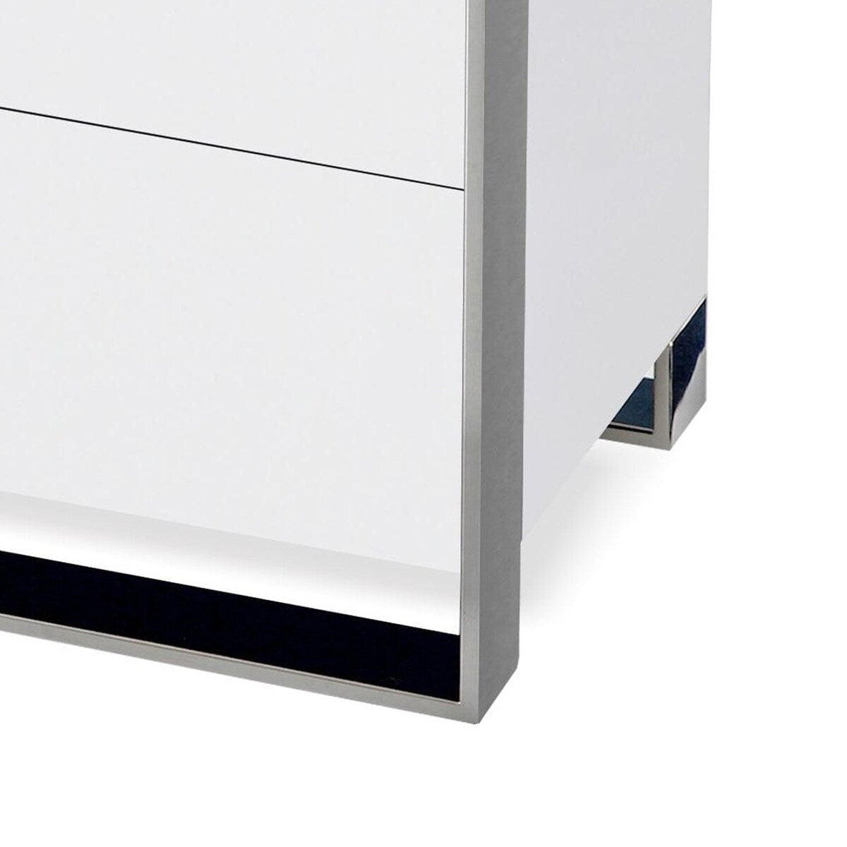 Noe 28 Inch Nightstand, 2 Drawers, Stainless Steel Frame, Glossy White