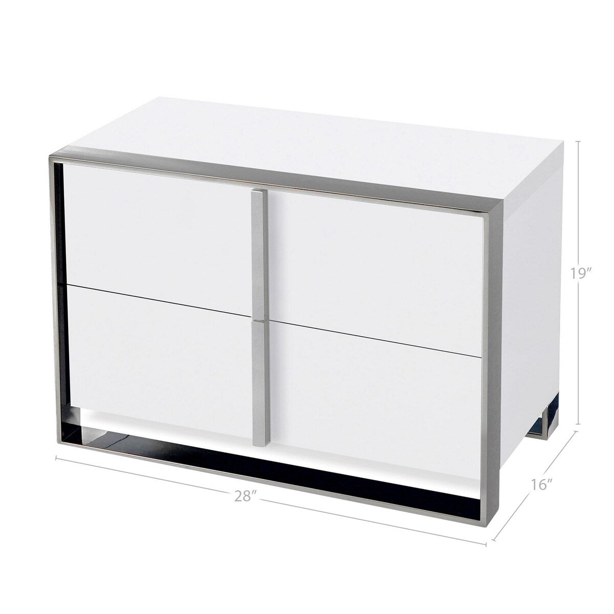 Noe 28 Inch Nightstand, 2 Drawers, Stainless Steel Frame, Glossy White