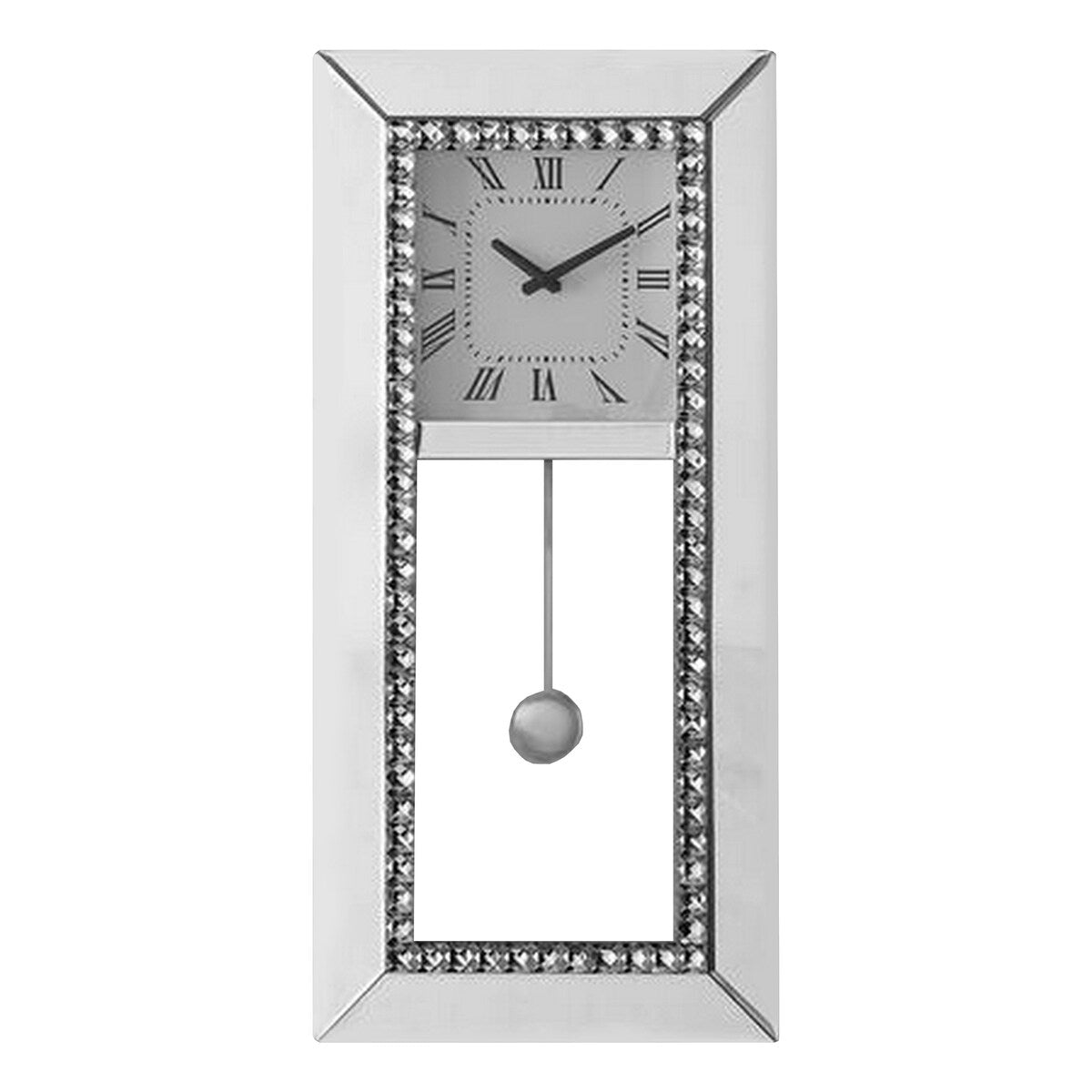Noe 30 Inch Wall Clock, Crystal Diamond Inlaid Trim, Pendulum, White