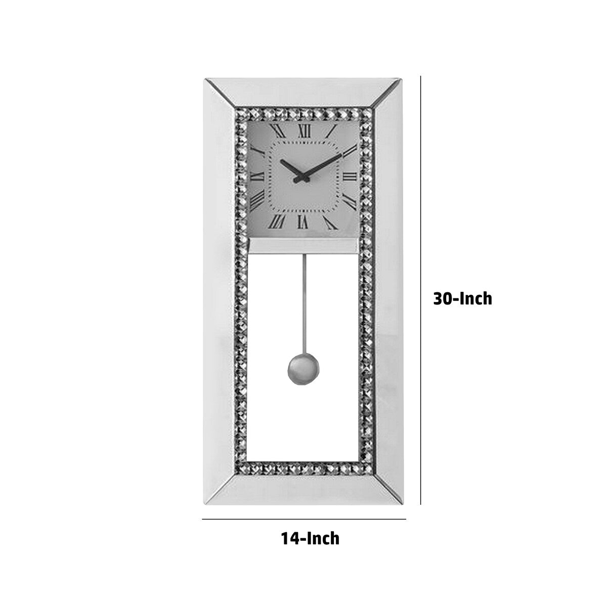 Noe 30 Inch Wall Clock, Crystal Diamond Inlaid Trim, Pendulum, White