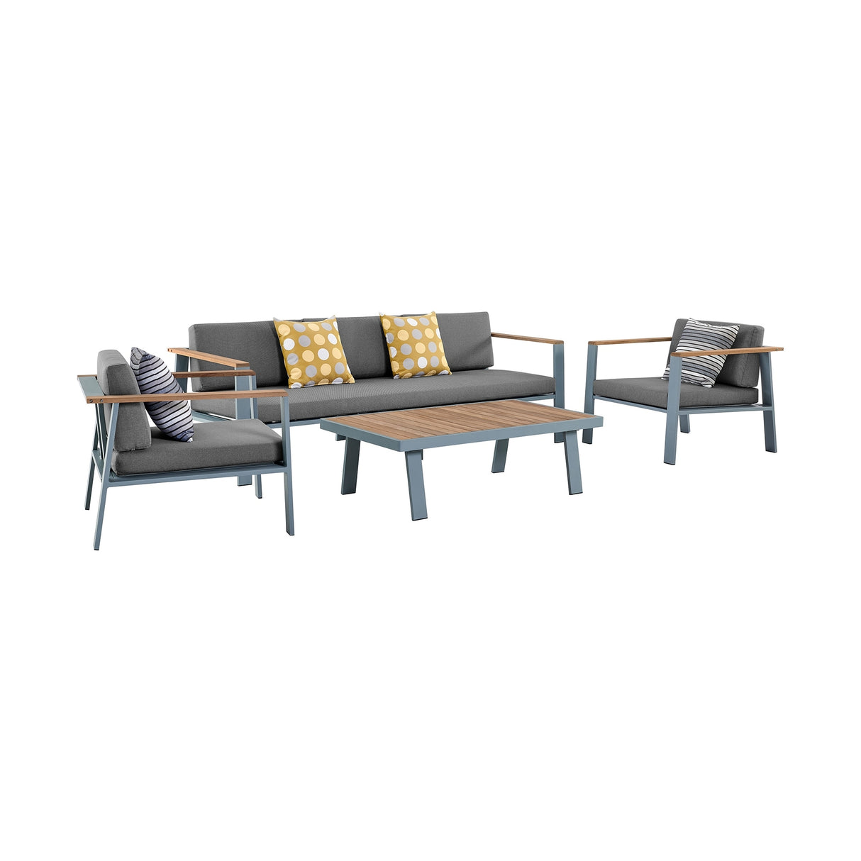 Nofi Aluminum and Solid Teak Wood Outdoor Patio 4 Piece Conversation Set with Olefin Cushions