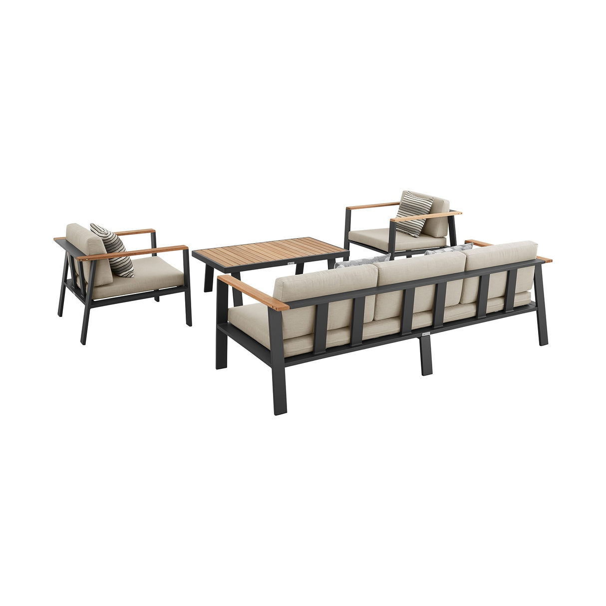 Nofi Aluminum and Solid Teak Wood Outdoor Patio 4 Piece Conversation Set with Olefin Cushions