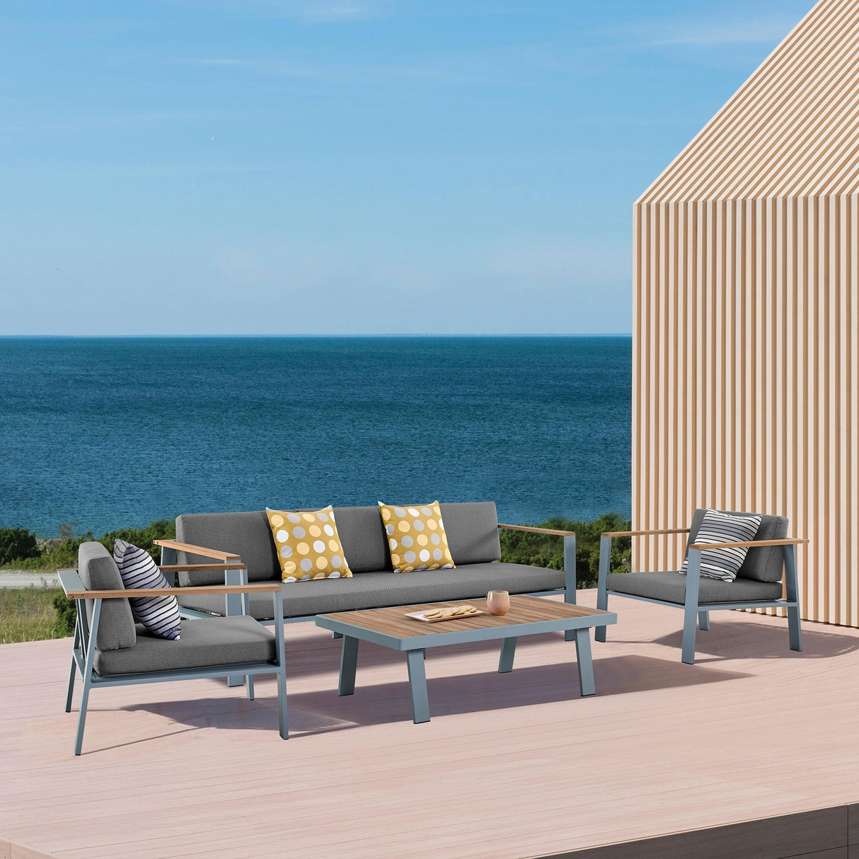Nofi Aluminum and Solid Teak Wood Outdoor Patio 4 Piece Conversation Set with Olefin Cushions