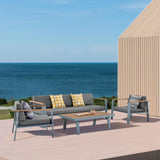 Nofi Aluminum and Solid Teak Wood Outdoor Patio 4 Piece Conversation Set with Olefin Cushions