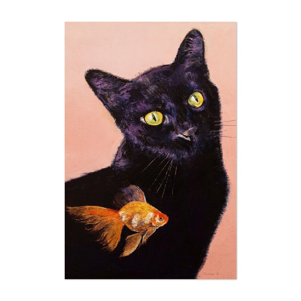 Noir Gallery Black Cat & Goldfish Animals Unframed Art Print/Poster