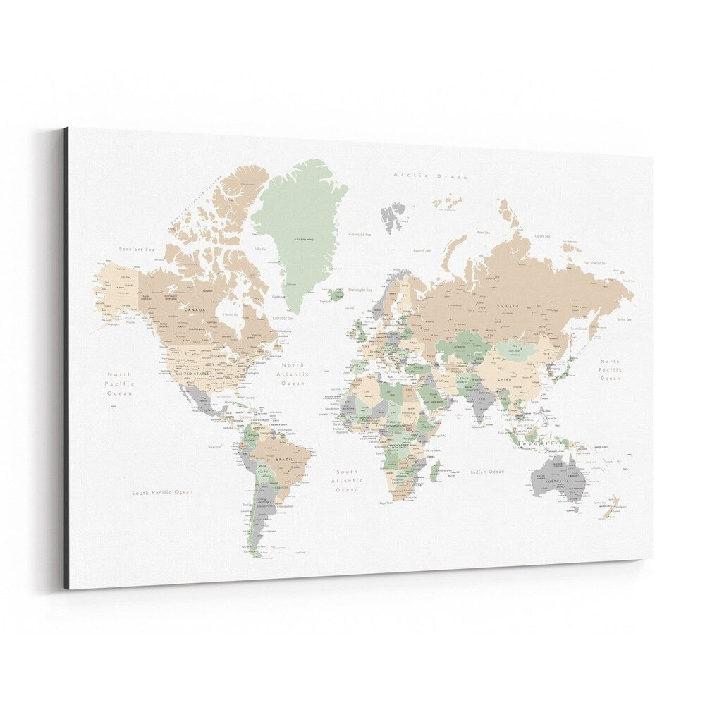 Noir Gallery Pastel World Map with Cities Canvas Wall Art Print