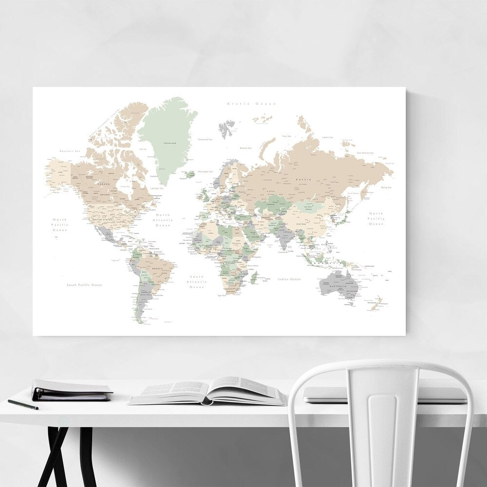 Noir Gallery Pastel World Map with Cities Canvas Wall Art Print