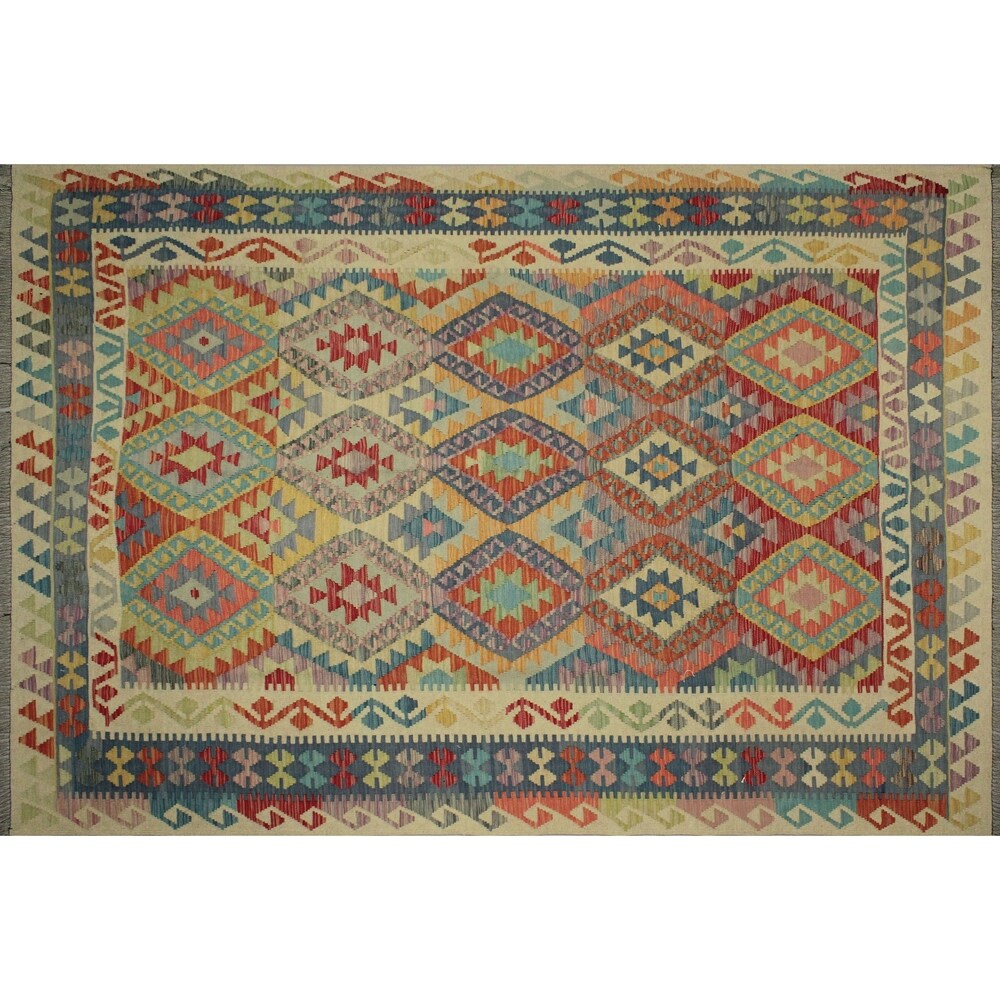 Noori Rug Sangat Kilim Julia Ki Blue/Ivory Rug - 6'10" x 9'10"