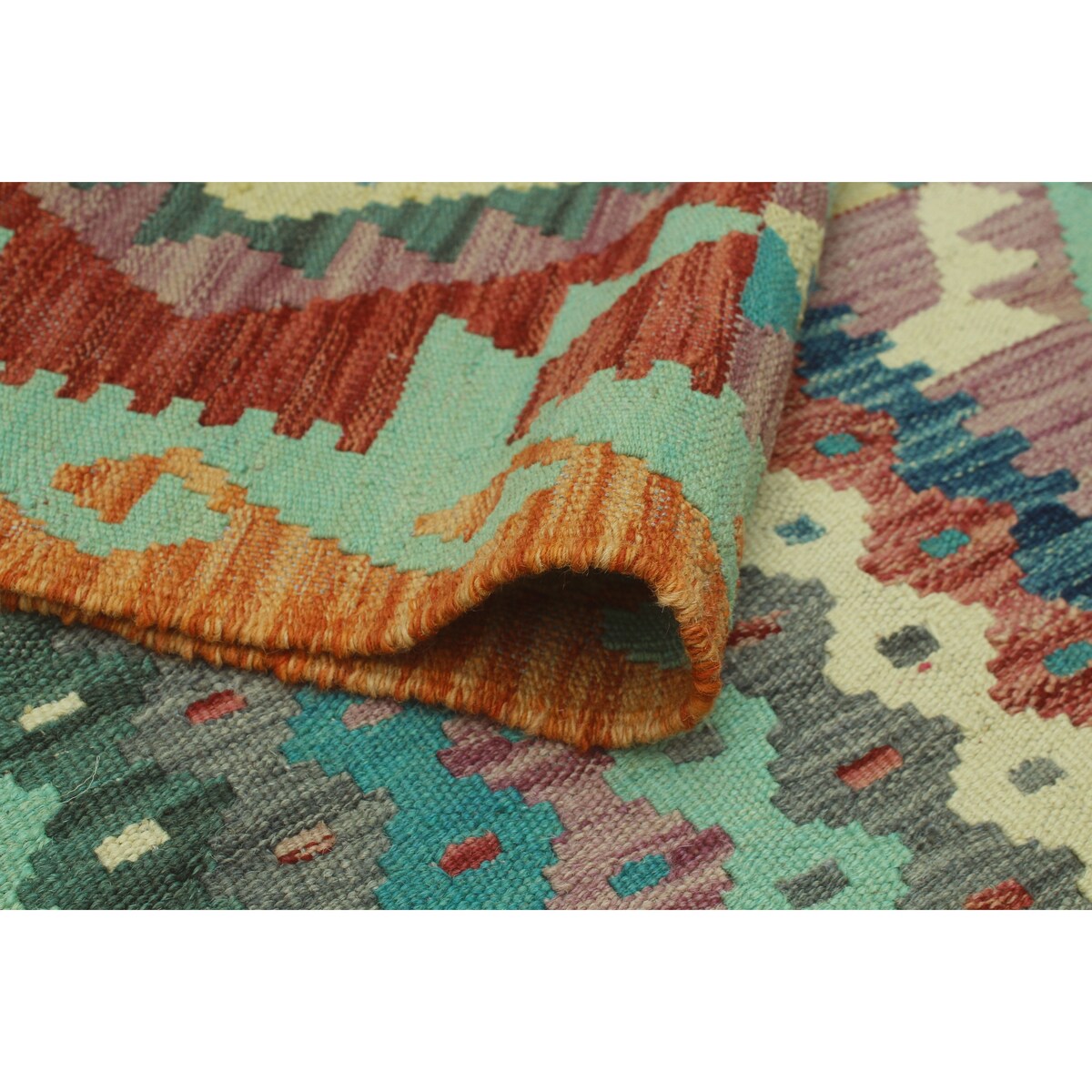 Hand-Woven Sangat Kilim Kezban Lt. Green/Rust Rug - 3'3" x 4'7"