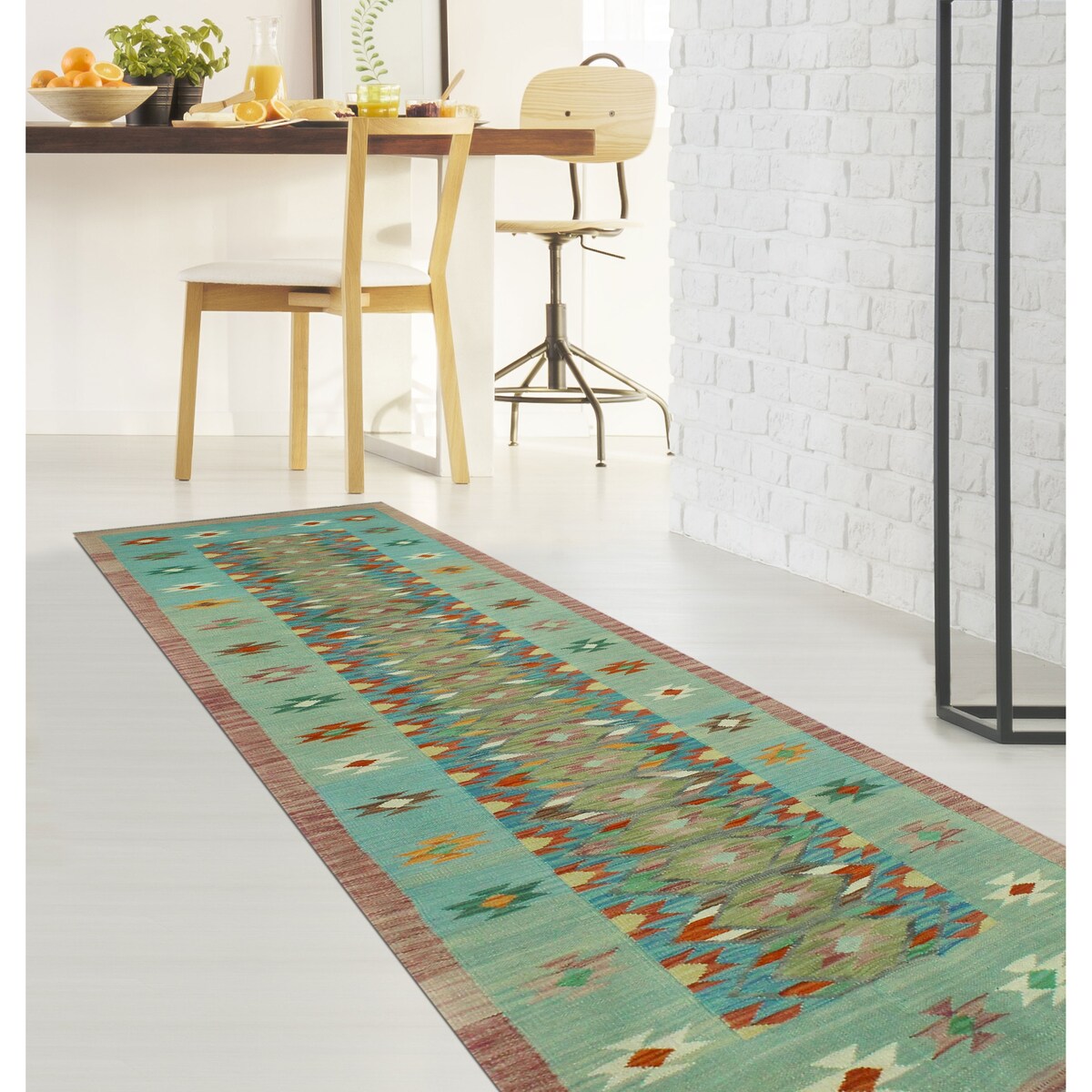 Hand-Woven Sangat Kilim Lilah Blue/Lt. Green Runner - 2'9" x 9'6"