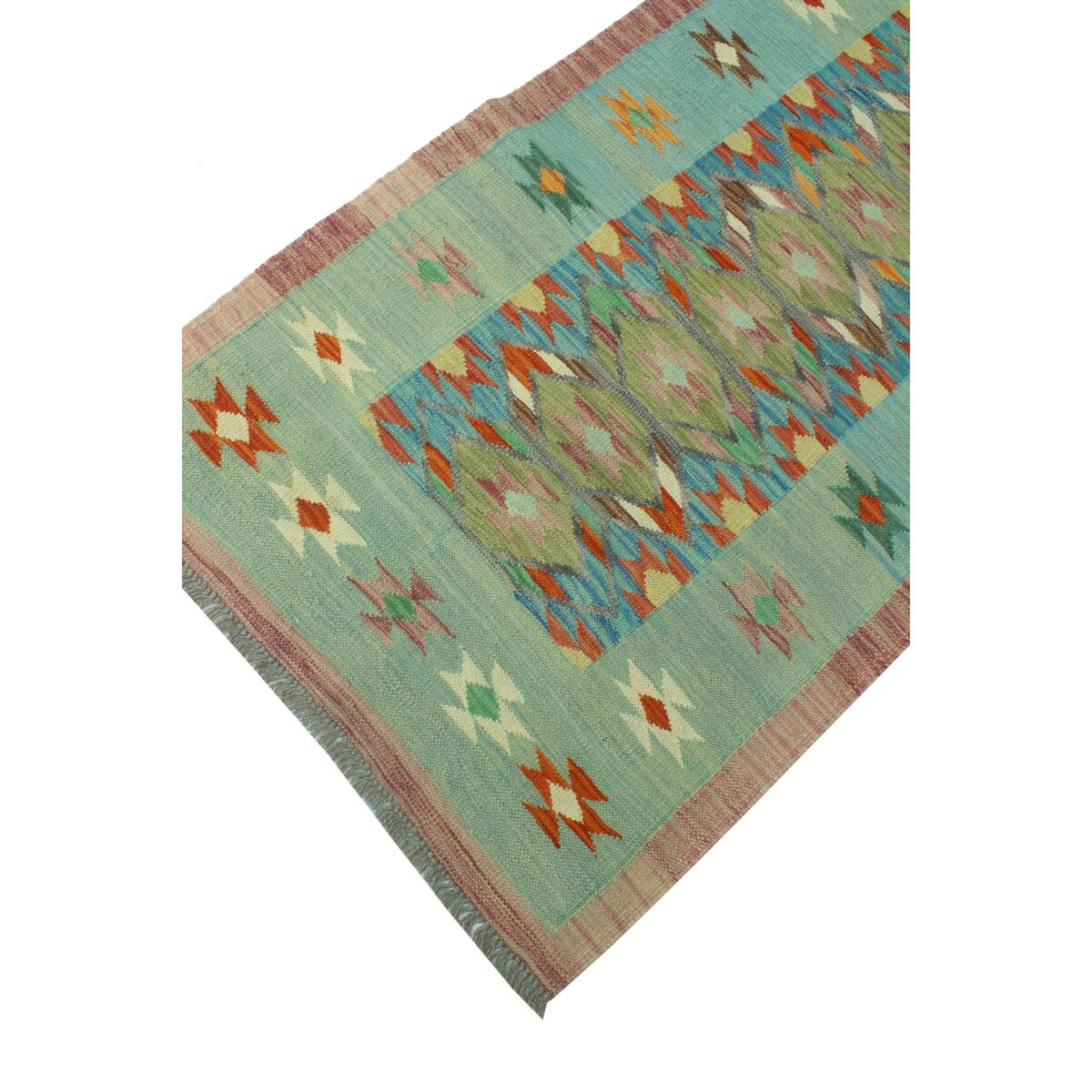 Hand-Woven Sangat Kilim Lilah Blue/Lt. Green Runner - 2'9" x 9'6"