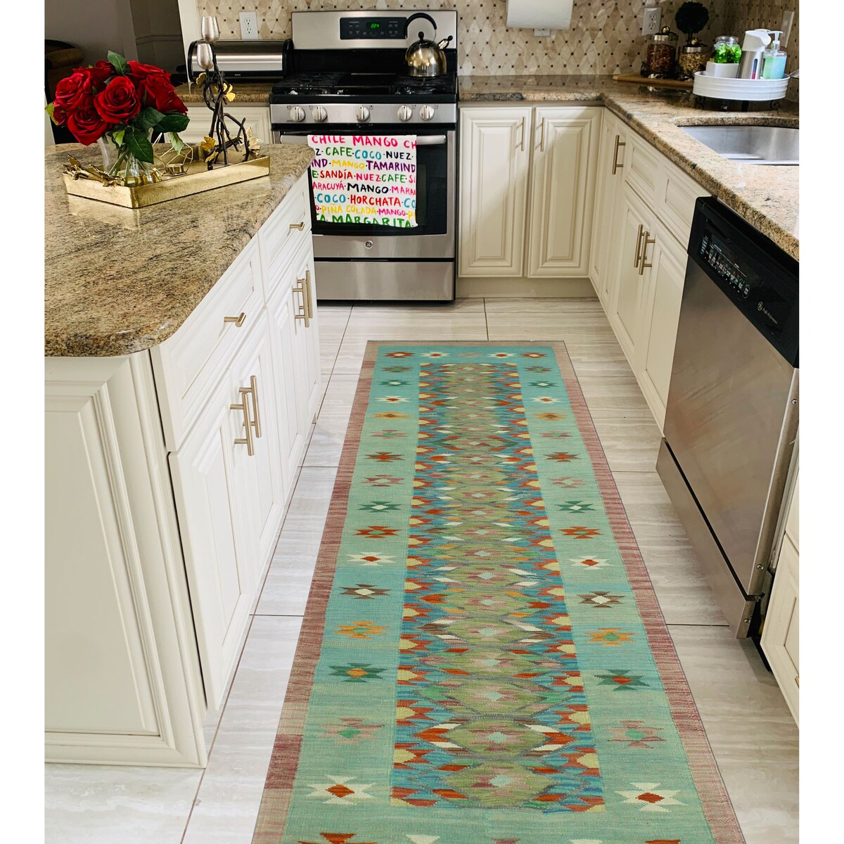 Hand-Woven Sangat Kilim Lilah Blue/Lt. Green Runner - 2'9" x 9'6"