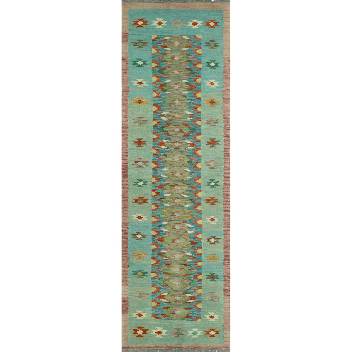 Hand-Woven Sangat Kilim Lilah Blue/Lt. Green Runner - 2'9" x 9'6"