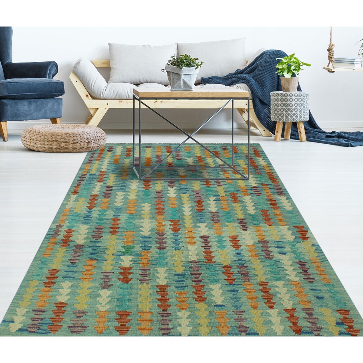 Noori Rug Sangat Kilim Omer Blue/Orange Rug - 4'10" x 6'3"