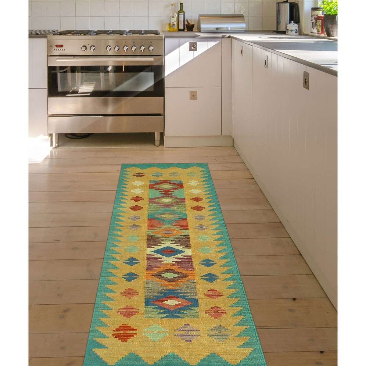 Hand-Woven Sangat Kilim Tarrence Gold/Green Runner - 1'11" x 6'3"
