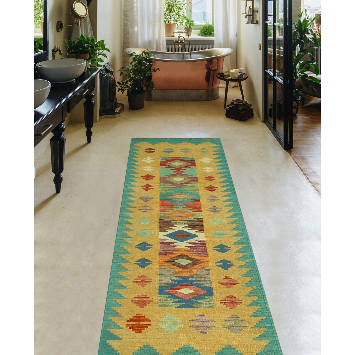 Hand-Woven Sangat Kilim Tarrence Gold/Green Runner - 1'11" x 6'3"