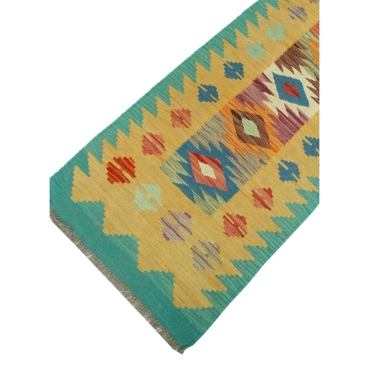 Hand-Woven Sangat Kilim Tarrence Gold/Green Runner - 1'11" x 6'3"