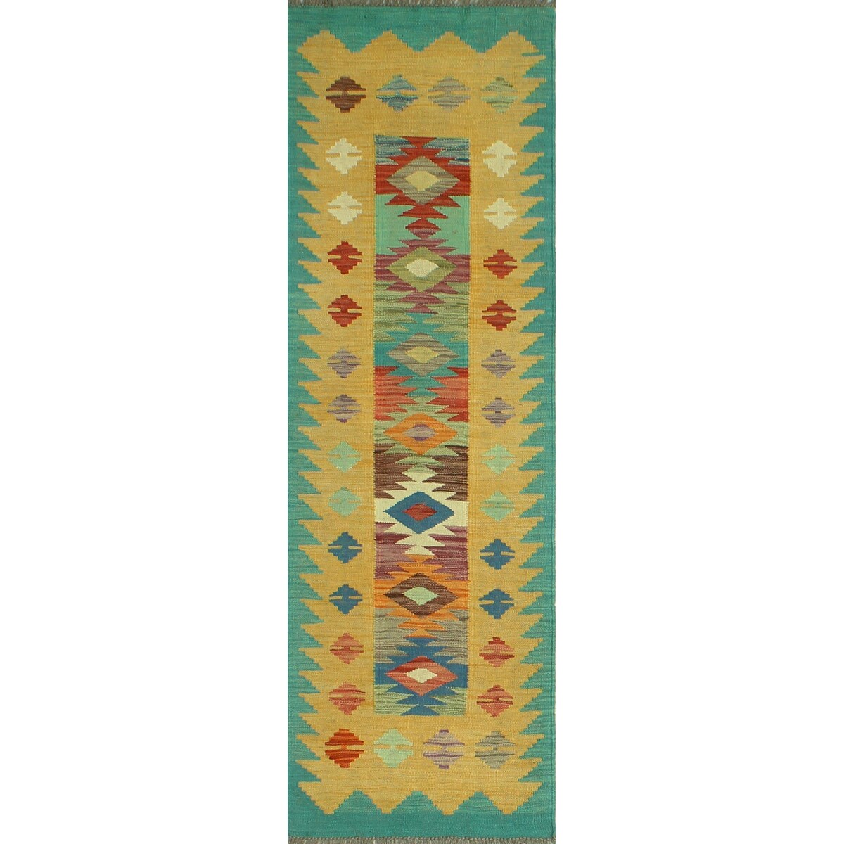 Hand-Woven Sangat Kilim Tarrence Gold/Green Runner - 1'11" x 6'3"