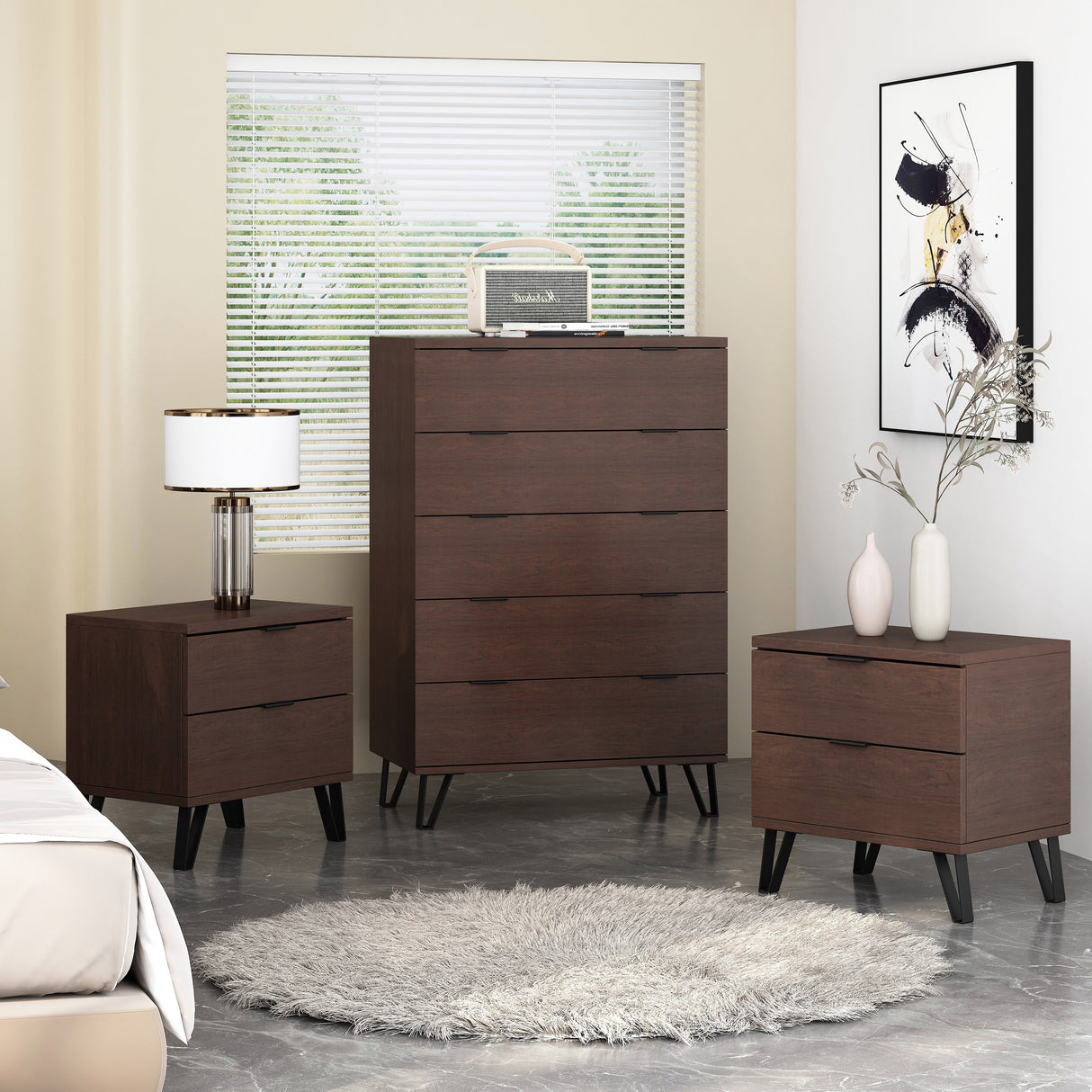 Norcross Faux Wood and Iron 3 Piece Wide 5 Drawer Dresser and Nightstand Bedroom Set by Christopher Knight Home