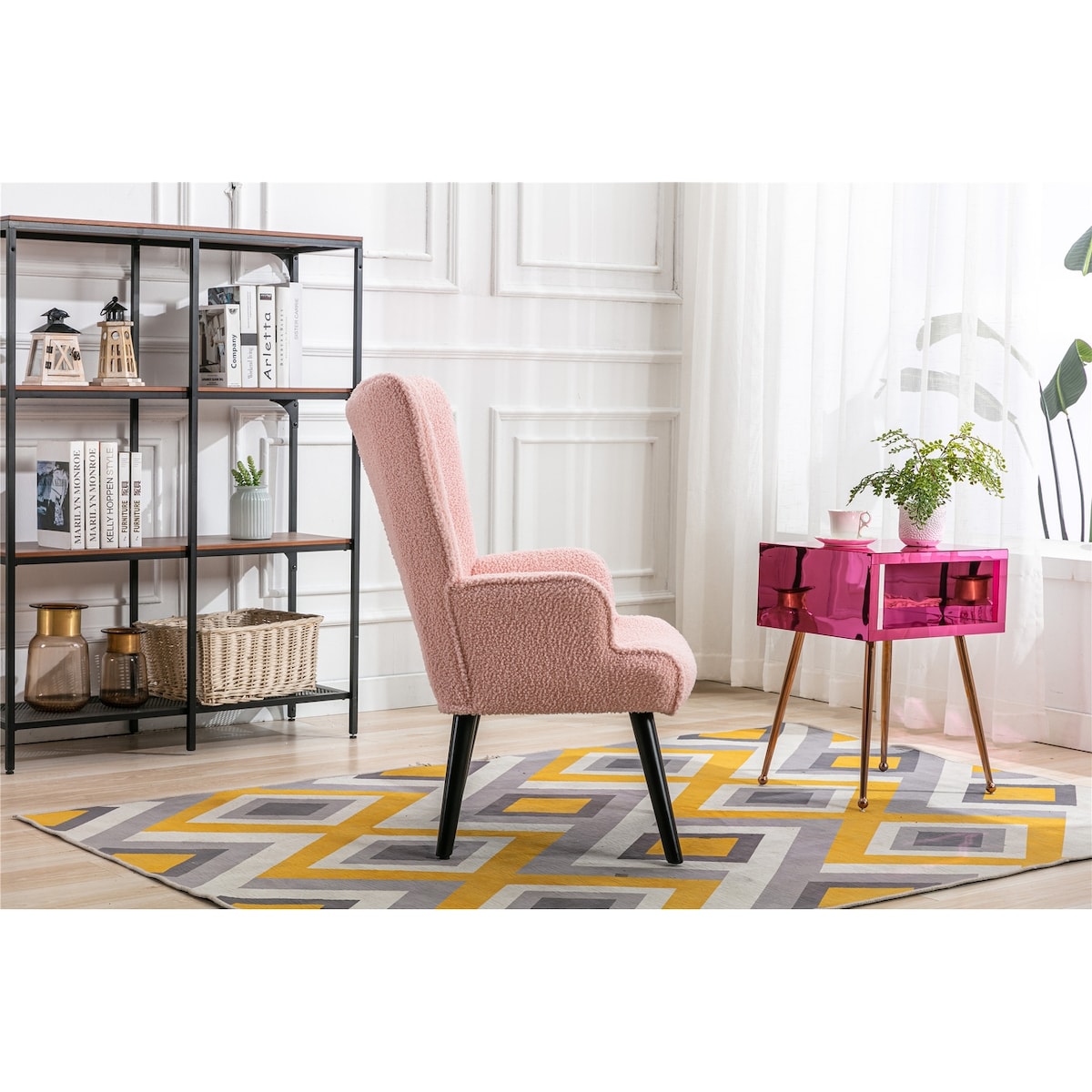 Nordic Style Modern Leisure Chair Teddy Fabric Accent Chair with Button Tufted Decor and Wood Legs
