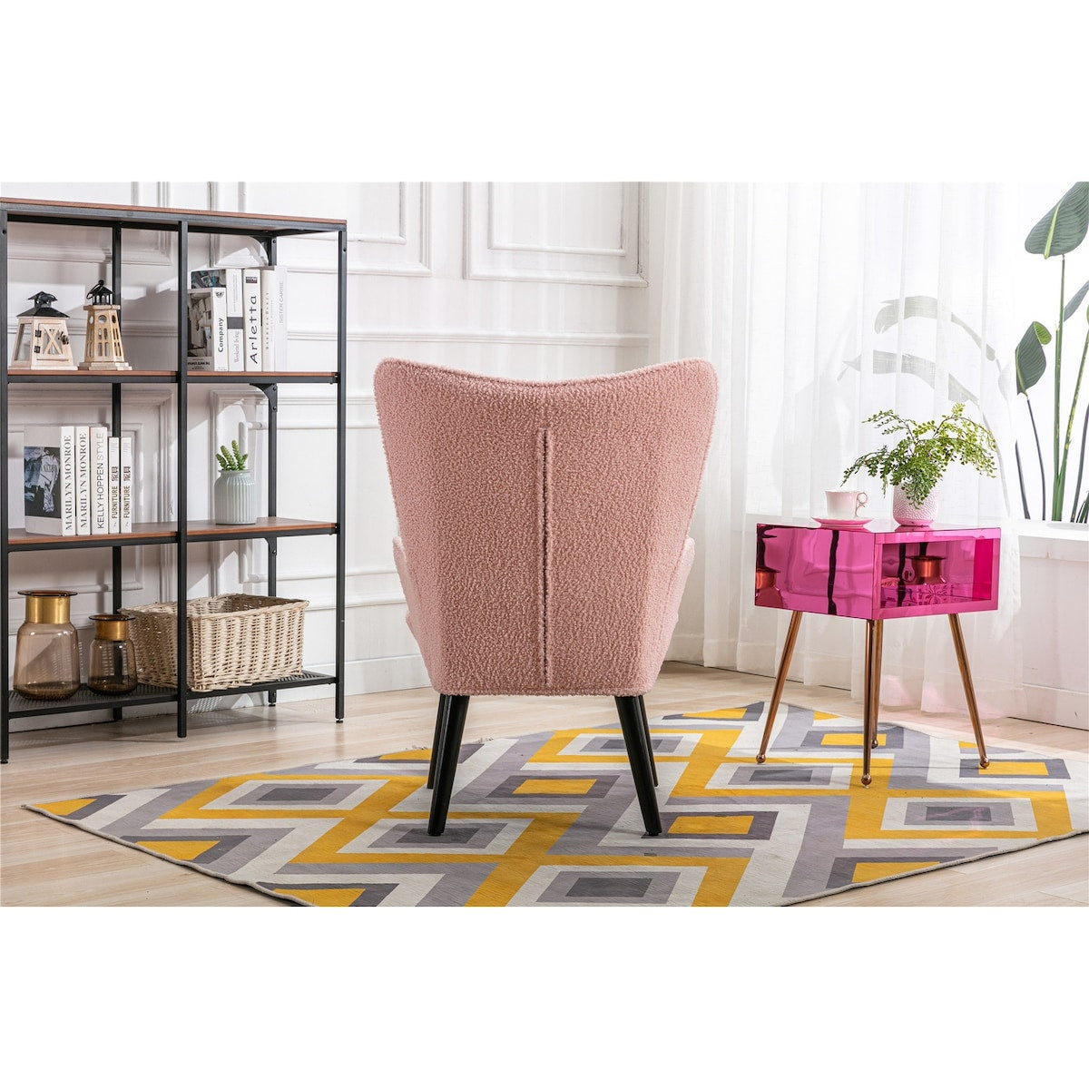 Nordic Style Modern Leisure Chair Teddy Fabric Accent Chair with Button Tufted Decor and Wood Legs