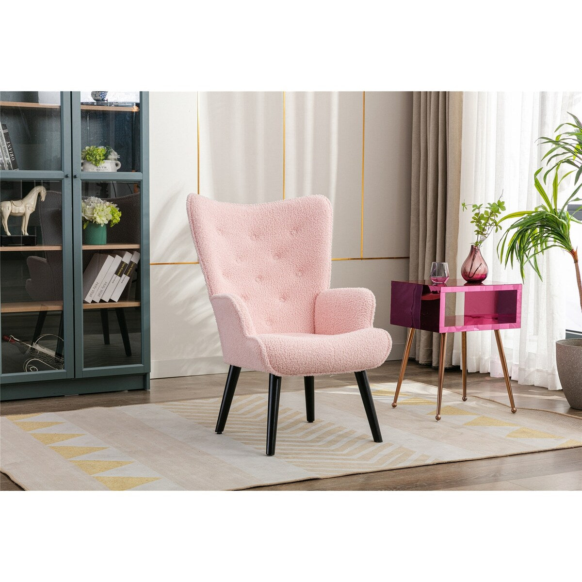 Nordic Style Modern Leisure Chair Teddy Fabric Accent Chair with Button Tufted Decor and Wood Legs