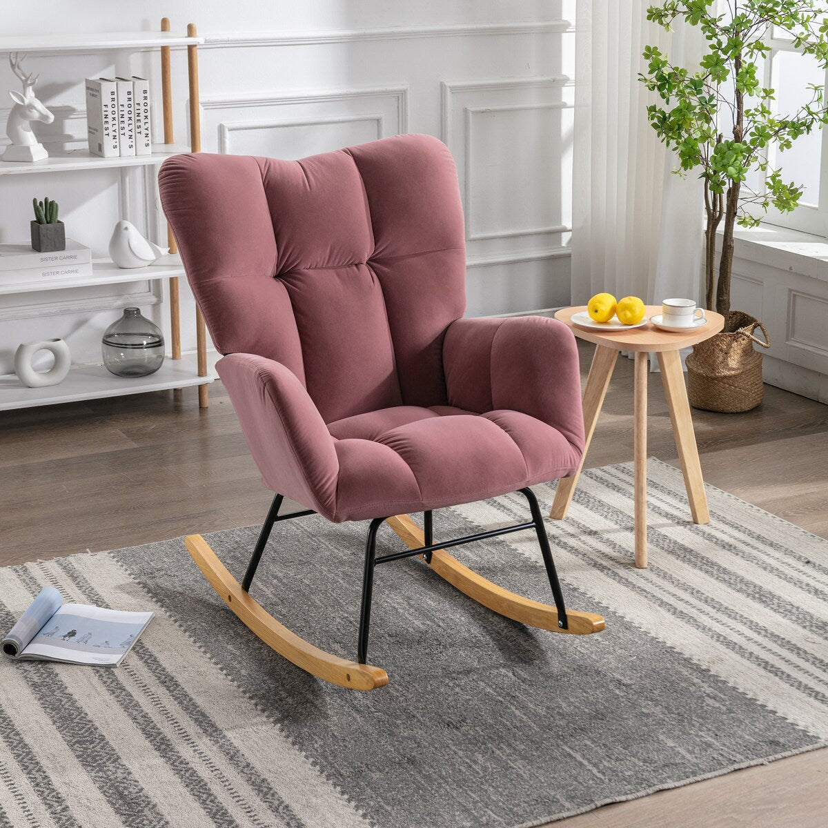 Nordic style Chic Modern Velvet Rocking Chair With Tufted Upholstered and Padded Seat
