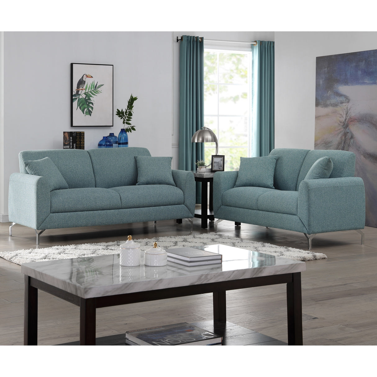 Roundhill Furniture Noreen Contemporary Fabric Rounded Arm Sofa and Loveseat