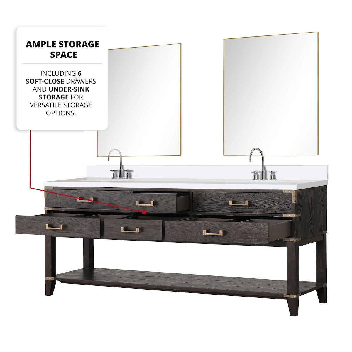 Norwalk 60 in W x 22 in D Black Oak Double Bath Vanity, White Quartz Top, and 28 in Mirrors