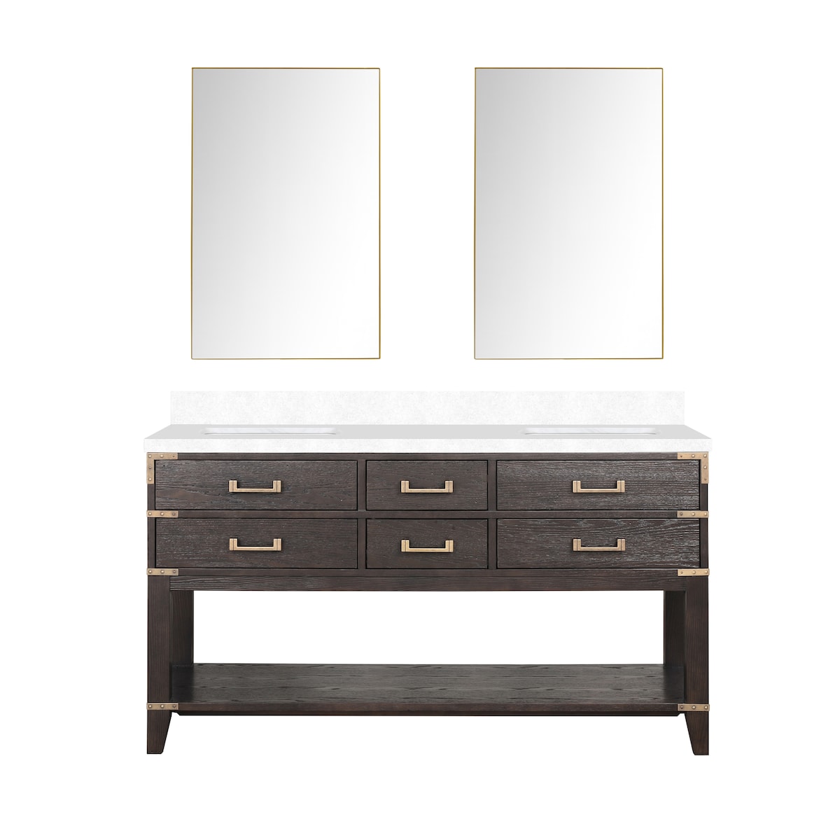 Norwalk 60 in W x 22 in D Black Oak Double Bath Vanity, White Quartz Top, and 28 in Mirrors