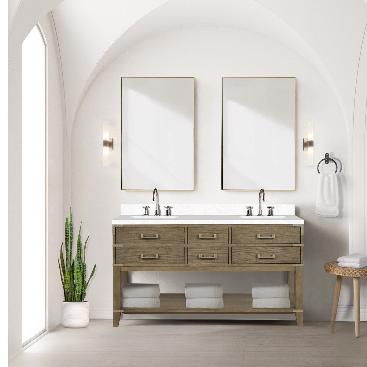 Norwalk 60 in W x 22 in D Black Oak Double Bath Vanity, White Quartz Top, and 28 in Mirrors