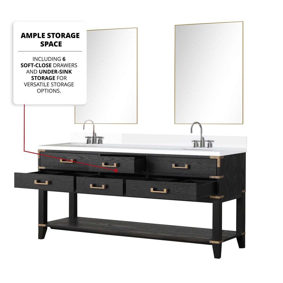 Norwalk 60 in W x 22 in D Black Oak Double Bath Vanity, White Quartz Top, and 28 in Mirrors
