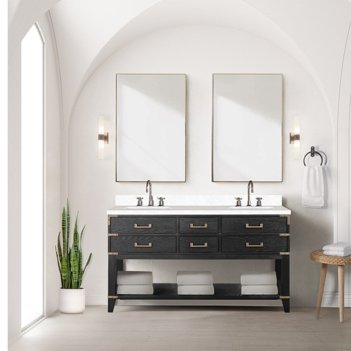 Norwalk 60 in W x 22 in D Black Oak Double Bath Vanity, White Quartz Top, and 28 in Mirrors