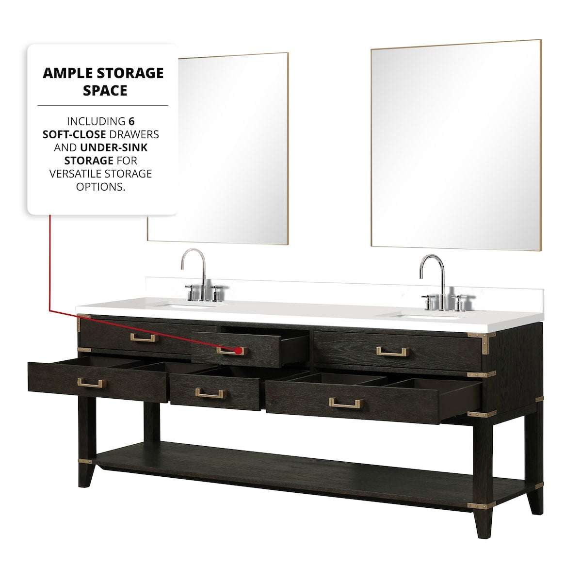 Norwalk 60 in W x 22 in D Black Oak Double Bath Vanity, White Quartz Top, and 28 in Mirrors