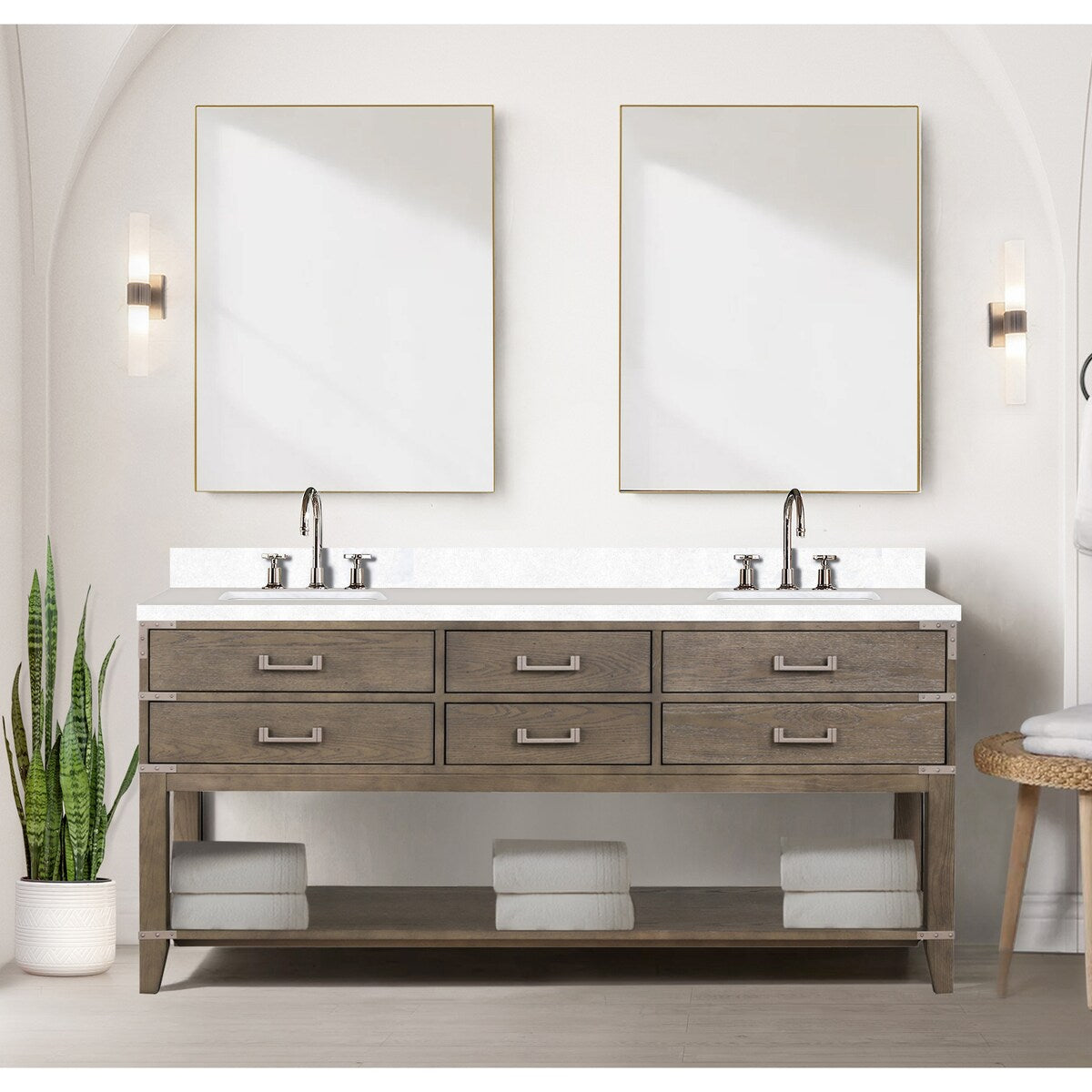Norwalk 60 in W x 22 in D Black Oak Double Bath Vanity, White Quartz Top, and 28 in Mirrors